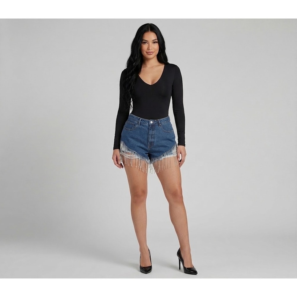 Forever 21 Rhinestone Fringe Distressed Denim Shorts